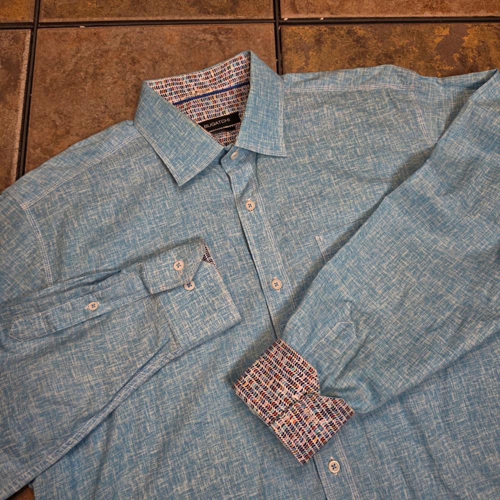 bugatchi dress shirt | Shirts | Bugatchi Mens Classic Fit Long Sleeve Button Down Light Blue Slub Large Bugatchi men's shirt Length:Full Length with Detachable Train *5/2025 A-line Satin Off Shoulder sleeve shirt elevates everyday
